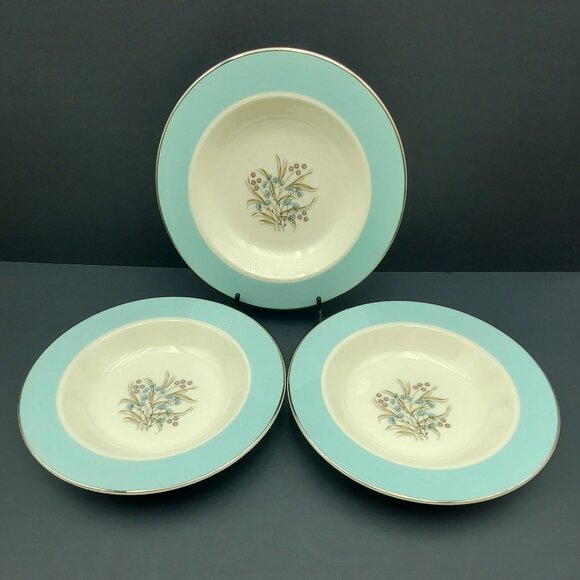 Taylor Smith Taylor TST33 Rim Soup Bowls TST Turquoise Floral Rimmed Soup Bowls - Picture 1 of 7